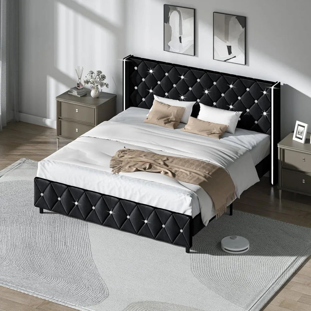 King Size Bed Frame, Velvet Upholstered Platform Bed King Size with Diamond Tufted Headboard and Footboard, Wooden Slats Support - Uknowucme