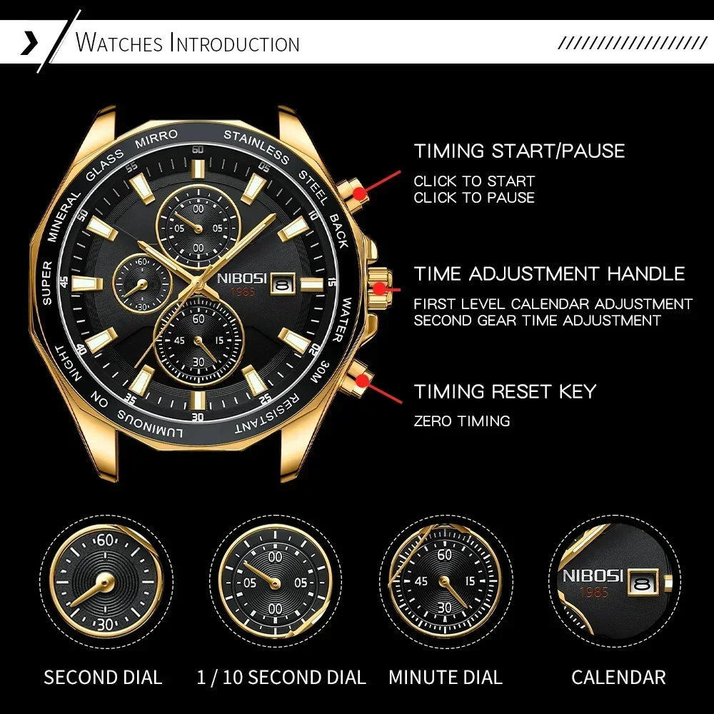 NIBOSI Fashion Big Watch Stainless Steel Top Brand Luxury Sport Chronograph Quartz Watches For Men Wristwatch Relogios Masculino - Uknowucme