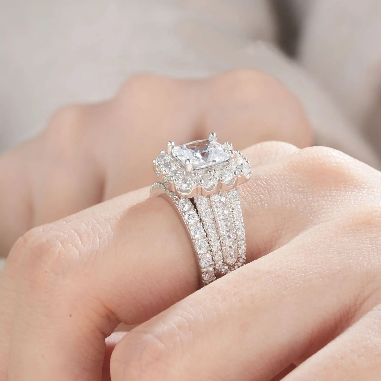 Newshe 2Pcs 925 Silver Wedding Rings Set for Women Halo Princess Cut Black White Cubic Zircon Vintage Luxury Engagement Ring - Uknowucme