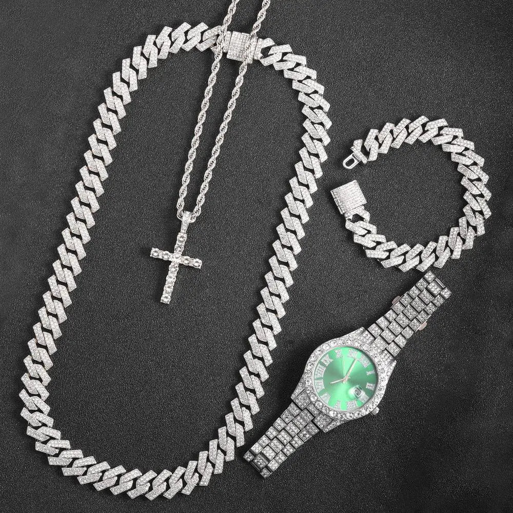 16mm Hip Hop Miami Cuban Link Chain Set Necklace +Watch+Bracelet Creative Iced Out Shiny Trendy Stylish Jewelry For Women Men - Uknowucme