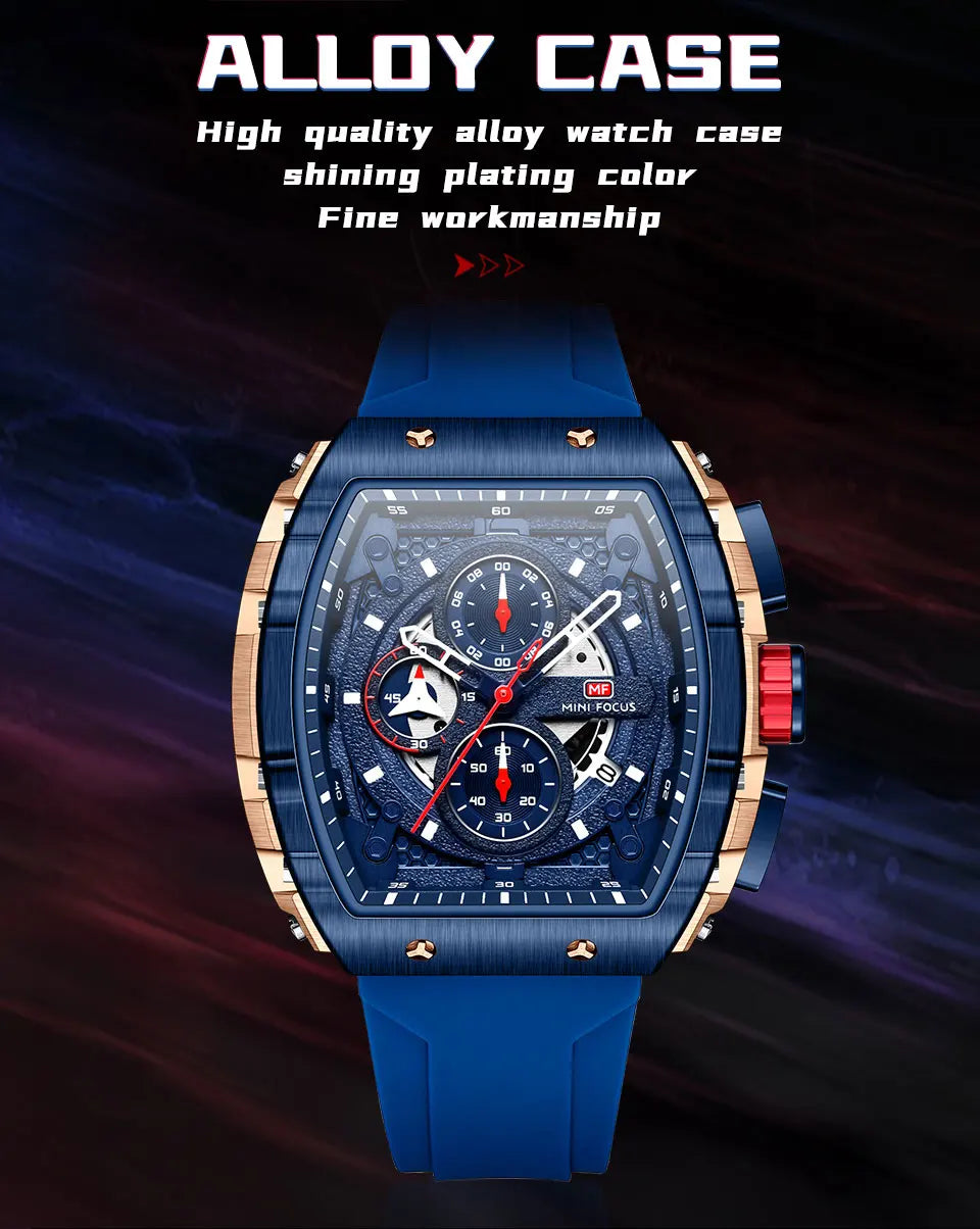 MINI FOCUS Chronograph Quartz Watch for Men Tonneau Dial Military Sport Wristwatch with Orange Silicone Strap Auto Date 0399 - Uknowucme