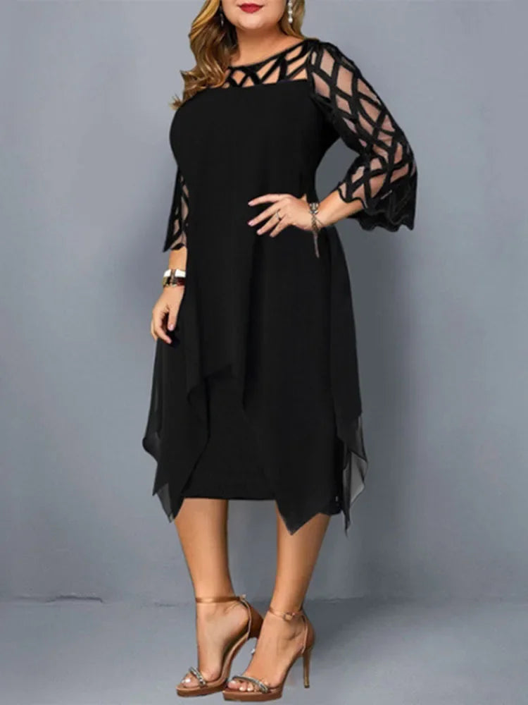 Sleeve Hollow Out Solid Sexy Women'S Clothing Evening Dresses 2023 Elegant Midi Party Dress For Chubby Women Xxl O Neck Lace - Uknowucme