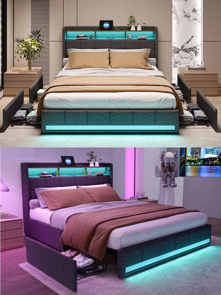 Creahappy Twin Bed Frame - Upholstered bed in grey - With USB charging port - With LED lighting - Storage drawers on both sides - Uknowucme