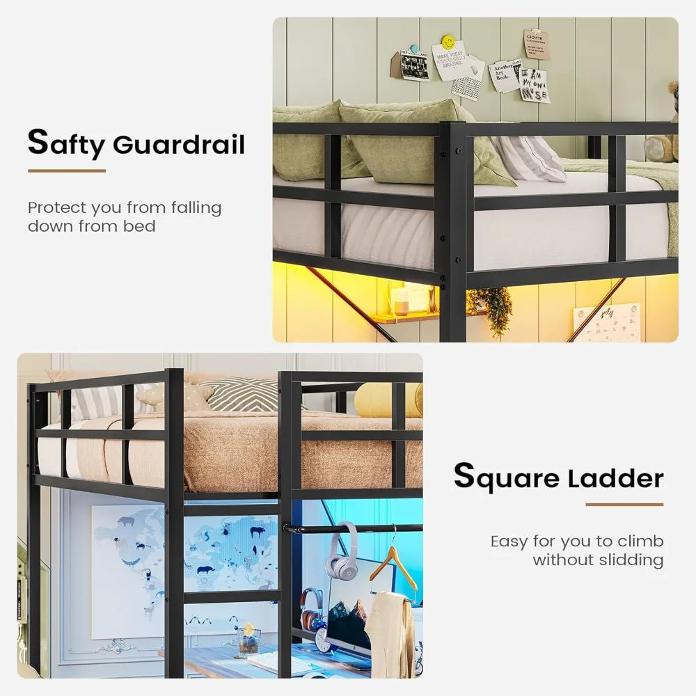 Twin Loft Bed with LED Lights, Metal Loft Bed Twin Size with Full-Length Guardrail Clothes Rack, Heavy Duty Metal Loft Bed Frame - Uknowucme