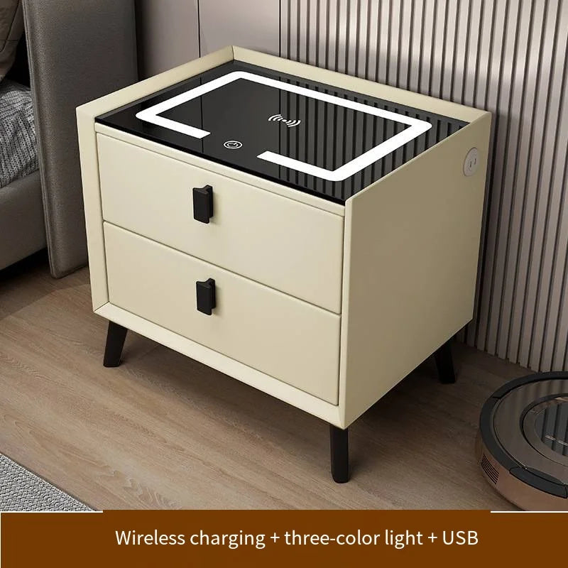 Luxurious Solid Wood Nightstand Three-Drawer Smart Bedside Table Compact Bedroom Leather Accents Integrated Wireless Charging