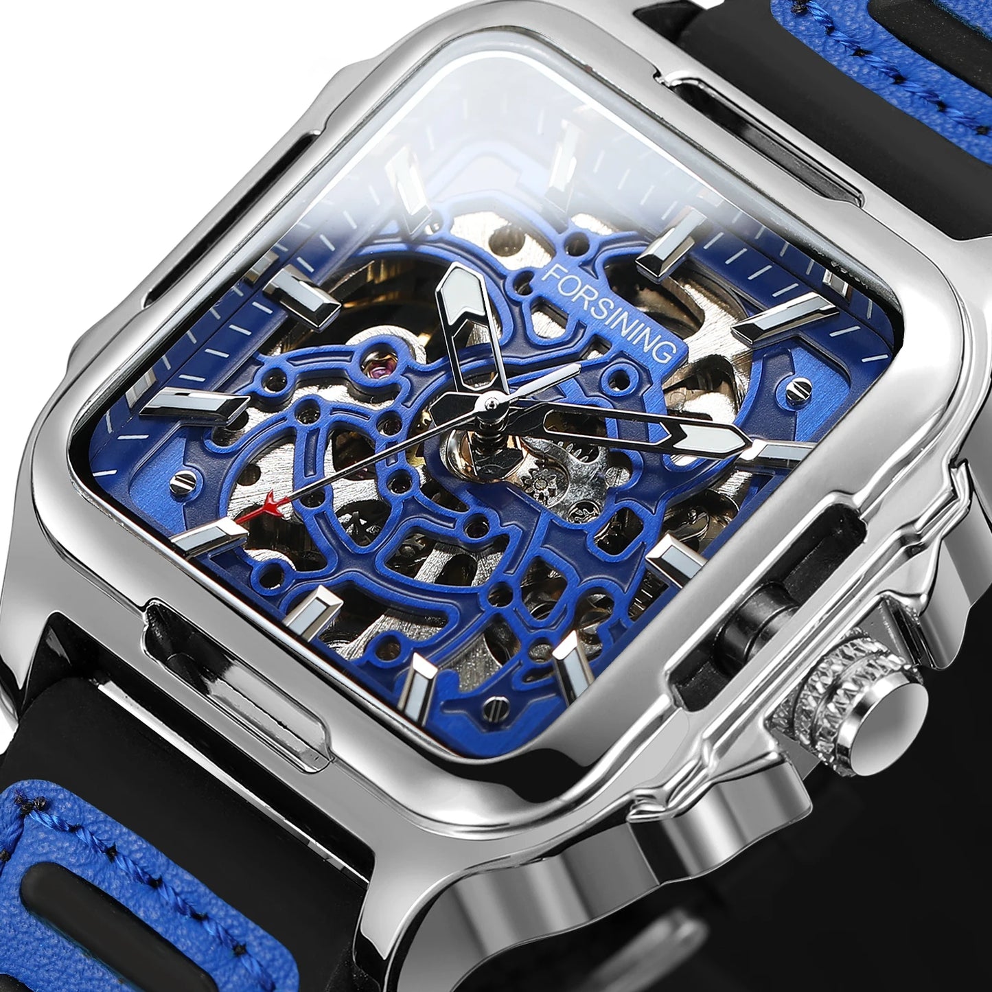 FORSINING Original Square Skeleton Mechanical Man Wristwatches Automatic Movement Field Sports Waterproof Silicone Replica Watch - Uknowucme
