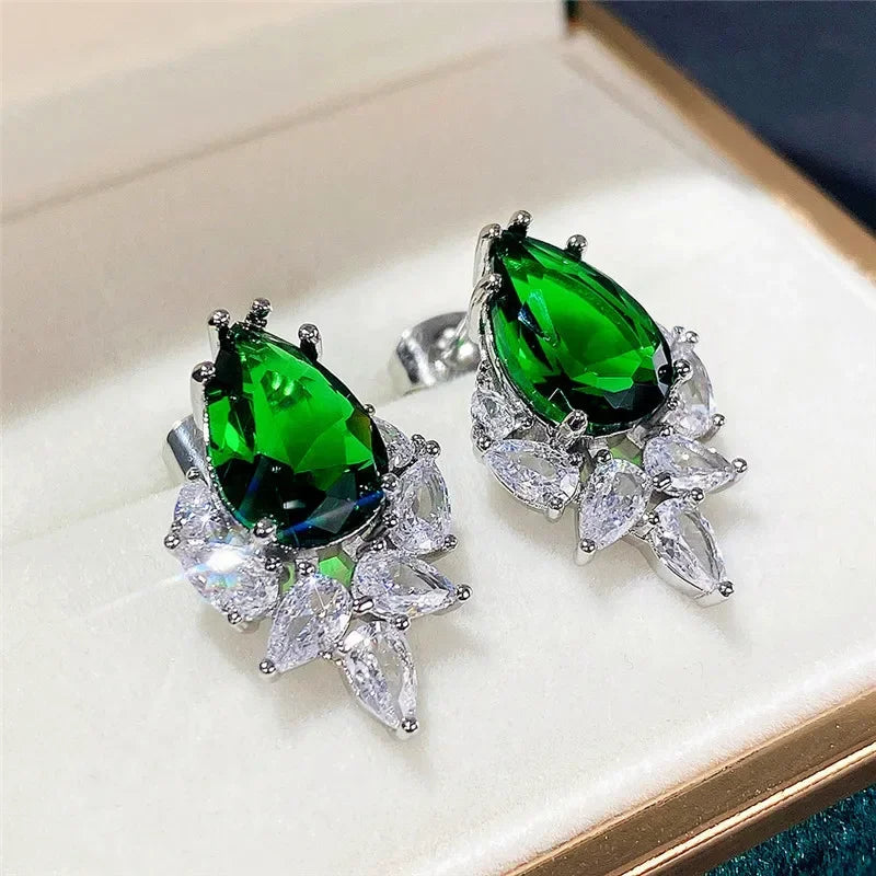 2025 Geometric Green CZ Sparkling Cubic Zirconia Earrings, Suitable for Women's Wedding Parties, Elegant Jewelry - Uknowucme