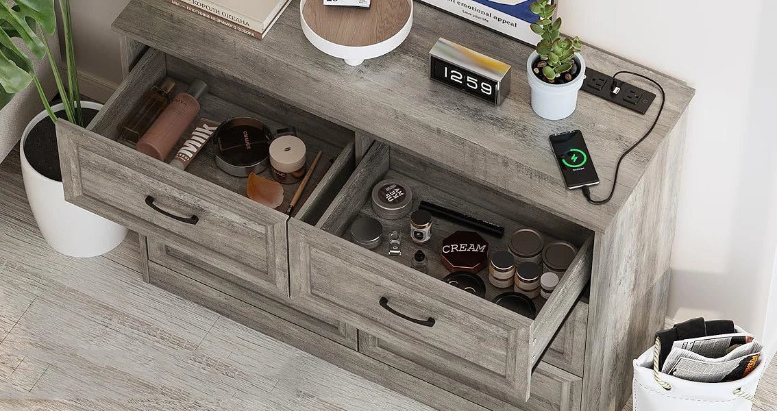 Vabches 6 Drawer Dresser for Bedroom Wood Chest of Drawers with Power Strip Tall Dresser Organizer with Metal Handle for Hallway - Uknowucme