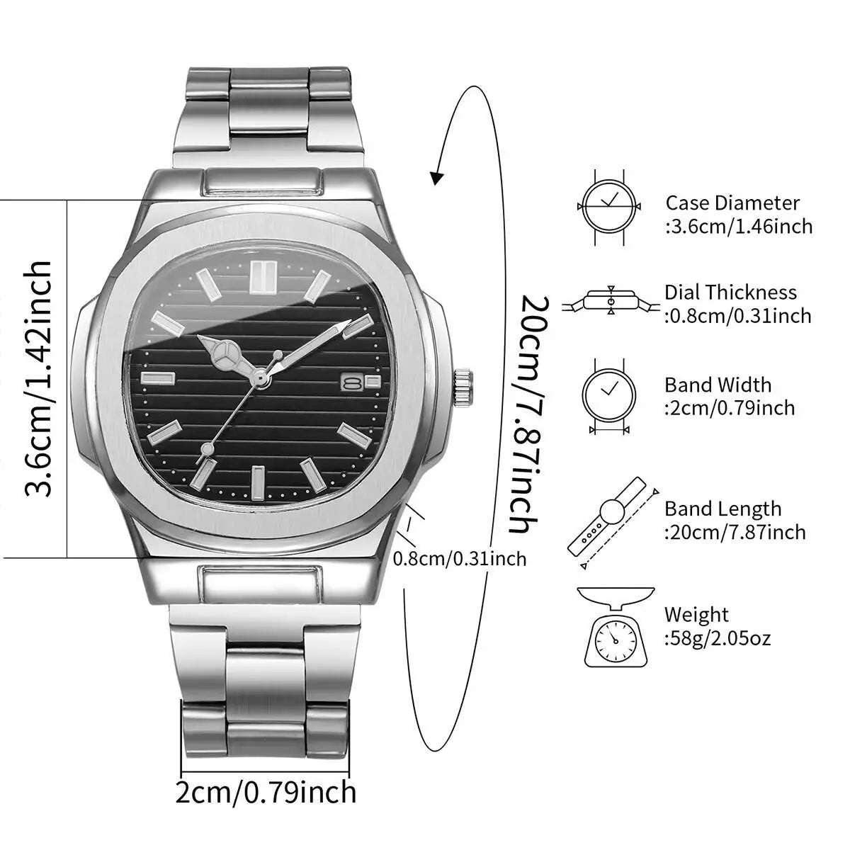 Fashion Square Men Business Watches Luxury Stainless Steel Strap Quartz Watch with Calendar For Mens Clock(Without Box) - Uknowucme