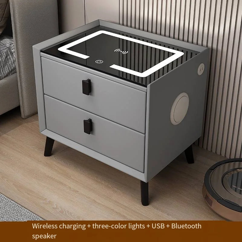 Luxurious Solid Wood Nightstand Three-Drawer Smart Bedside Table Compact Bedroom Leather Accents Integrated Wireless Charging