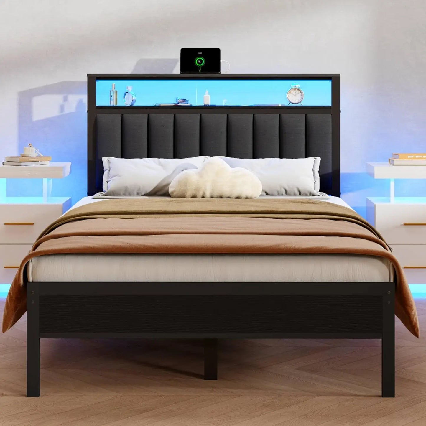 LED Queen Size Bed Frame with Charging Station&2-Tier Storage Shelves, Metal Slat&Upholstered Headboard, No Box Spring Needed - Uknowucme
