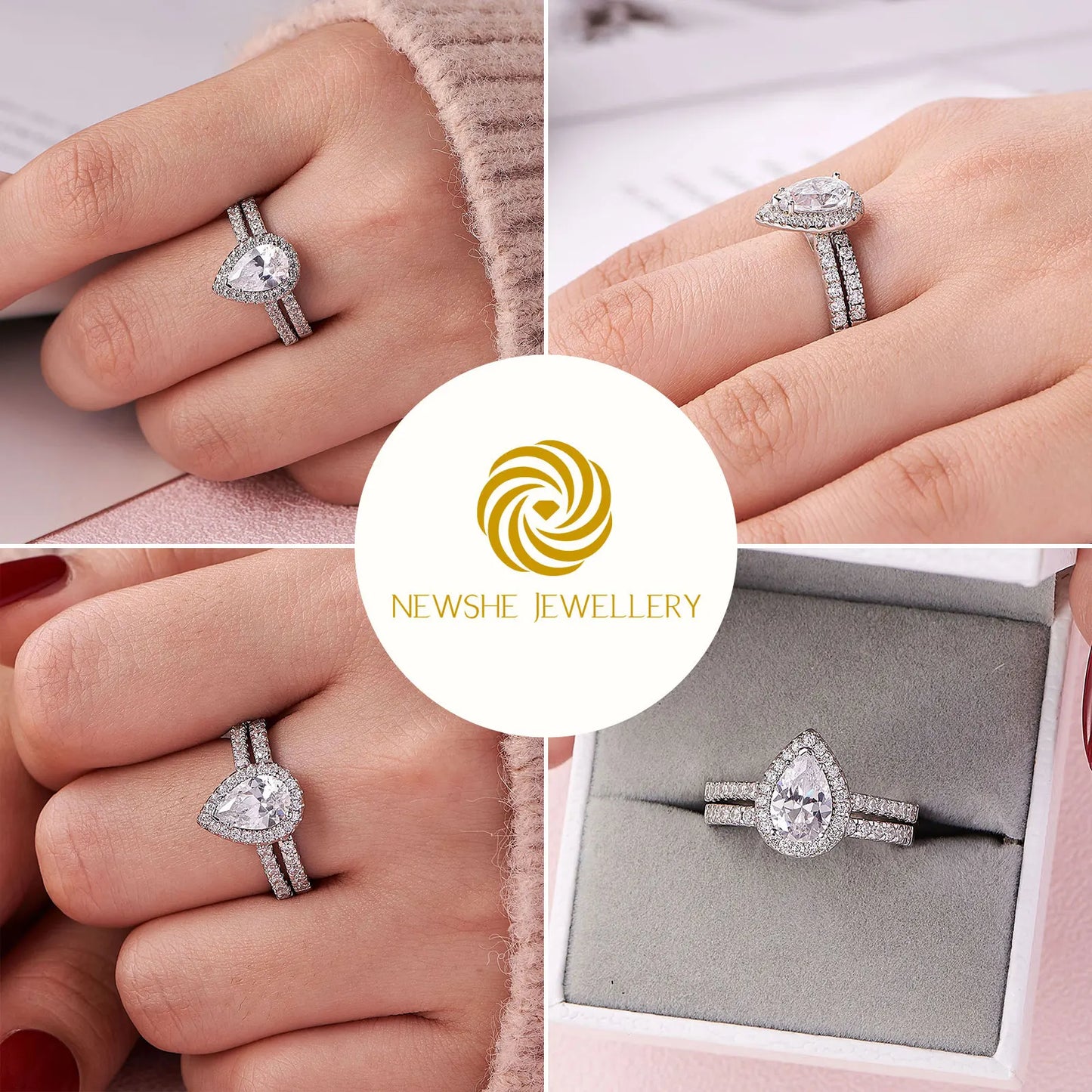 Newshe 2 Pieces Tear Drop Shape Engagement Ring Wedding Band for Women 925 Silver Bridal Jewelry High Grade Cubic Zircons - Uknowucme
