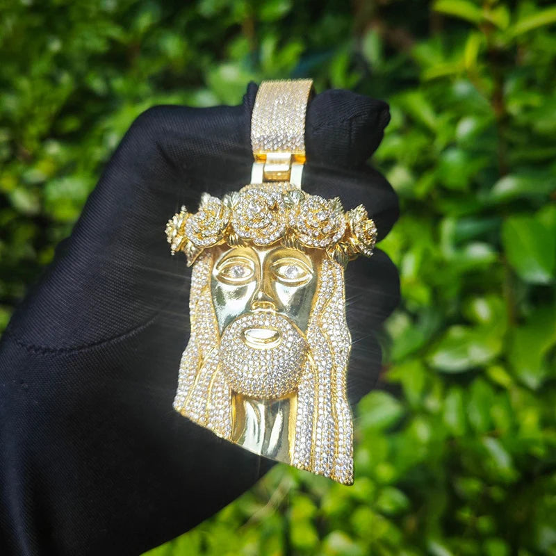 Hip Hop 5A+ CZ Stone Paved Bling Ice Out Rose Flower JESUS PIECE Pendants Necklaces for Men Rapper Jewelry Gold Silver Color - Uknowucme