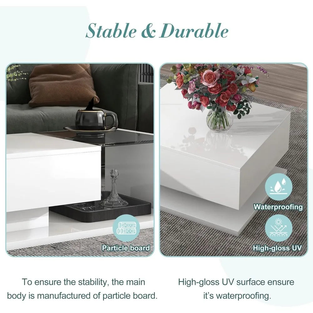 Coffee Table with Tempered Glass, Cocktail Table with High-Gloss UV Surface, Modernist 2-Tier Center Table for Living Room - Uknowucme