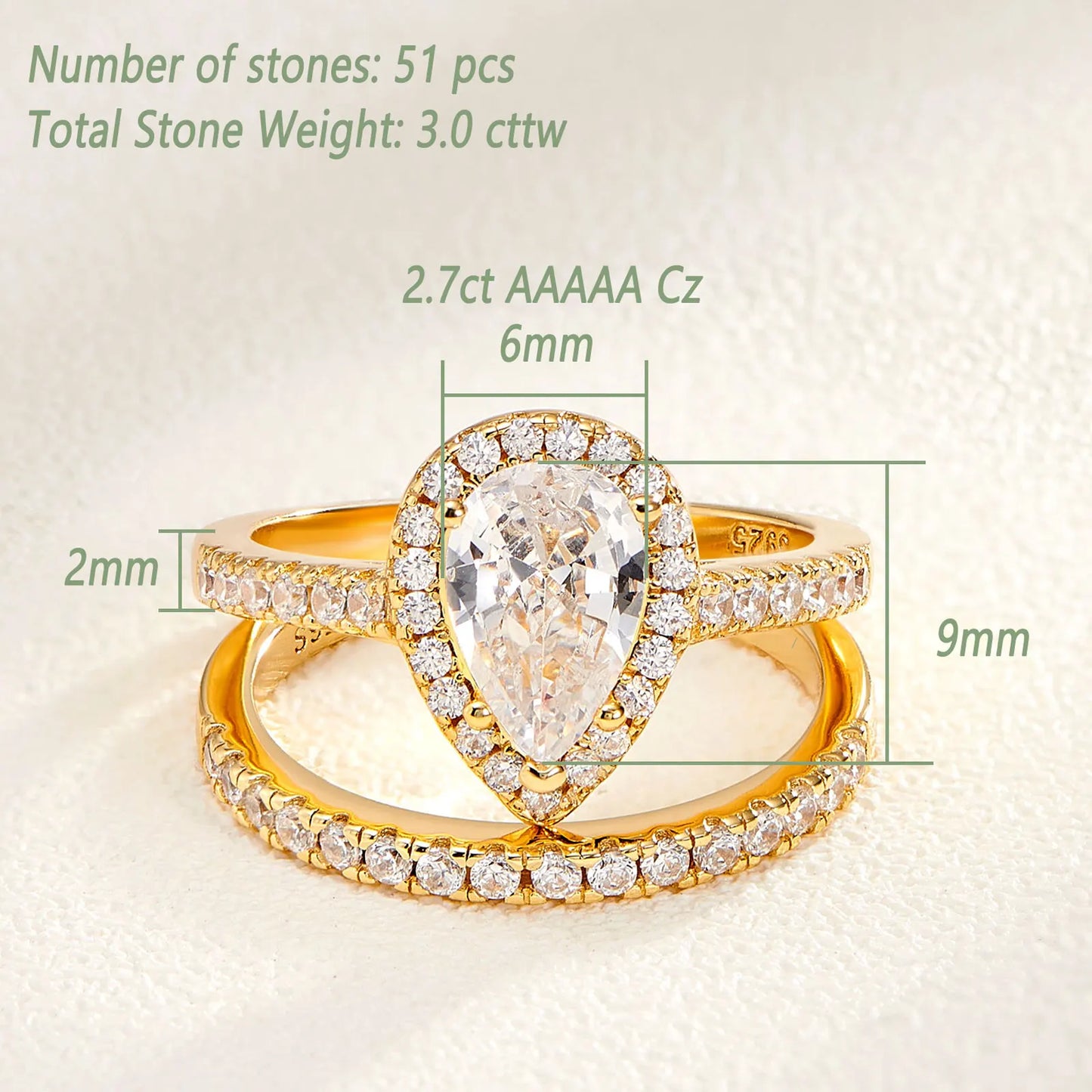 Newshe 2 Pcs Yellow Gold Color Wedding Rings Set Solid 925 Sterling Silver 3Ct Halo AAAAA CZ Pear Cut Engagement Ring for Women - Uknowucme
