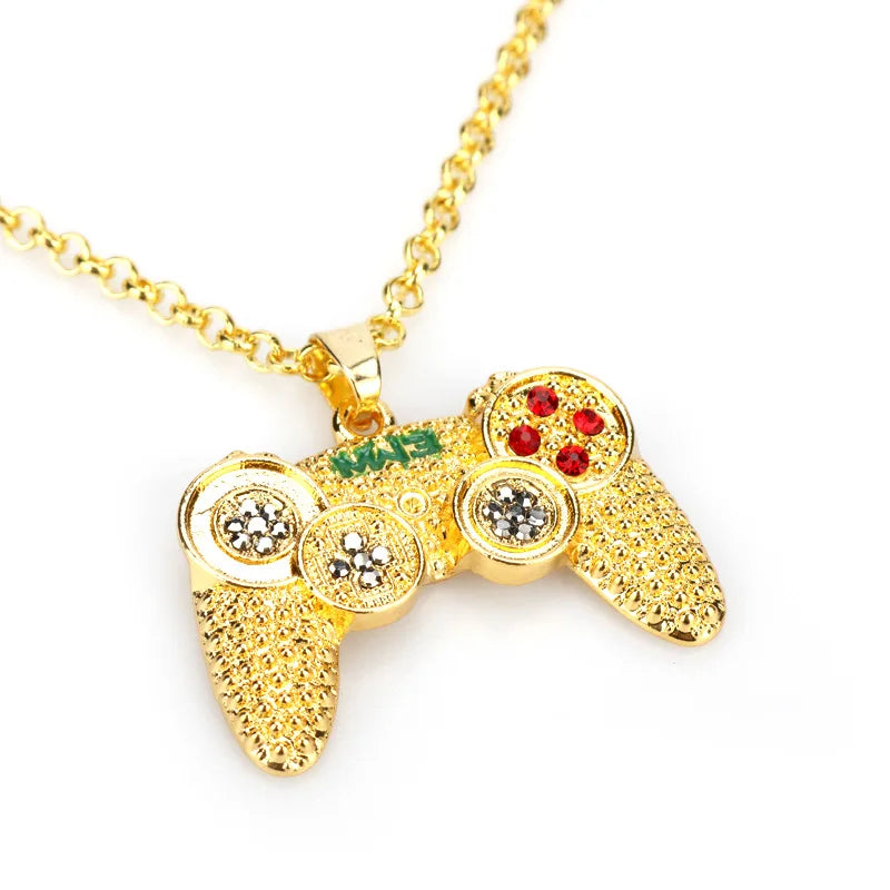 Hip-Hop Jewelry Game Console Handle Necklace Pendant Gold Color Chain Rhinestone Necklace Charms for Children Boys Gifts - Uknowucme