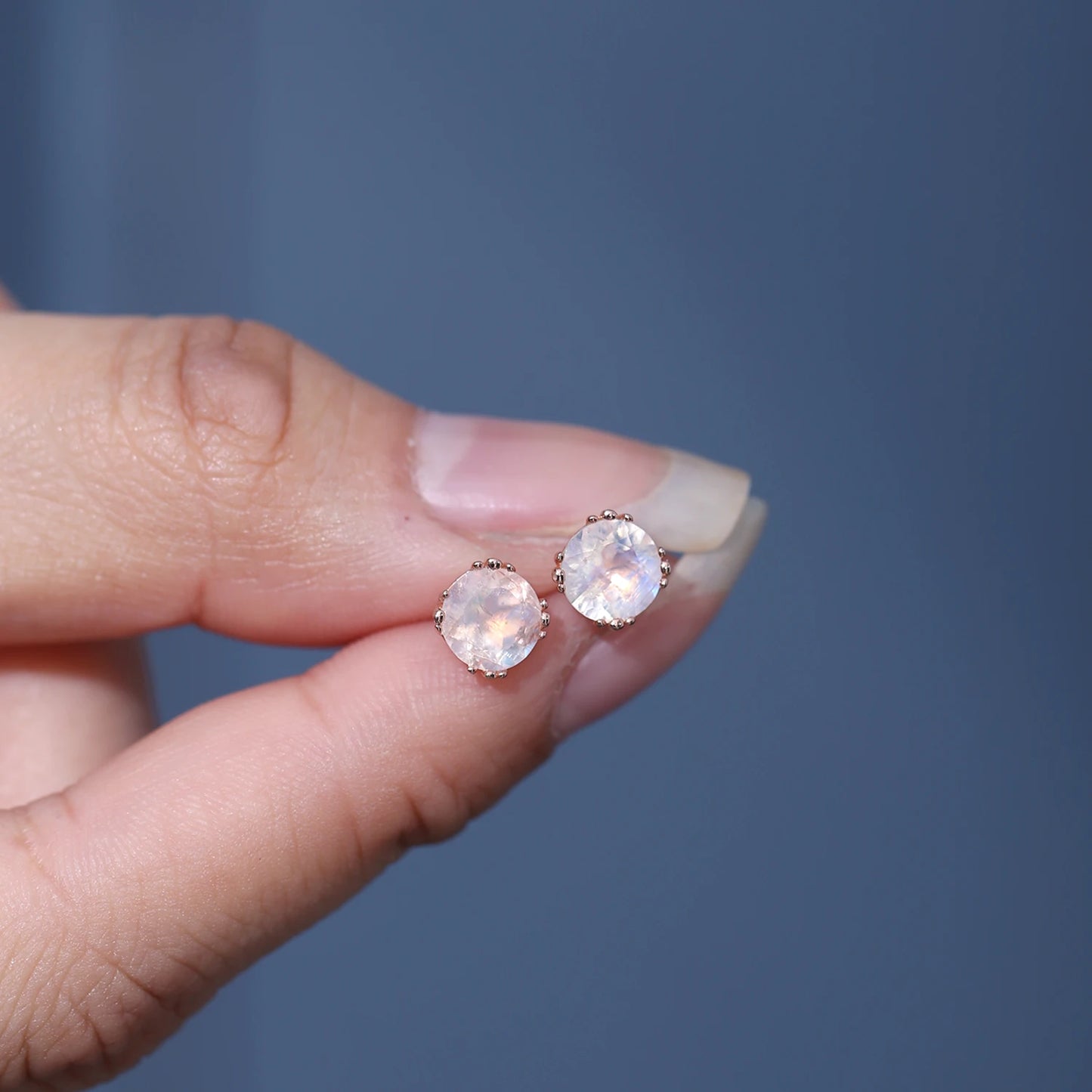 GEM'S BALLET June Birthstone 6mm Milky Blue Moonstone Classic Studs Earrings in 925 Sterling Silver Women Rose Gold Earrings - Uknowucme