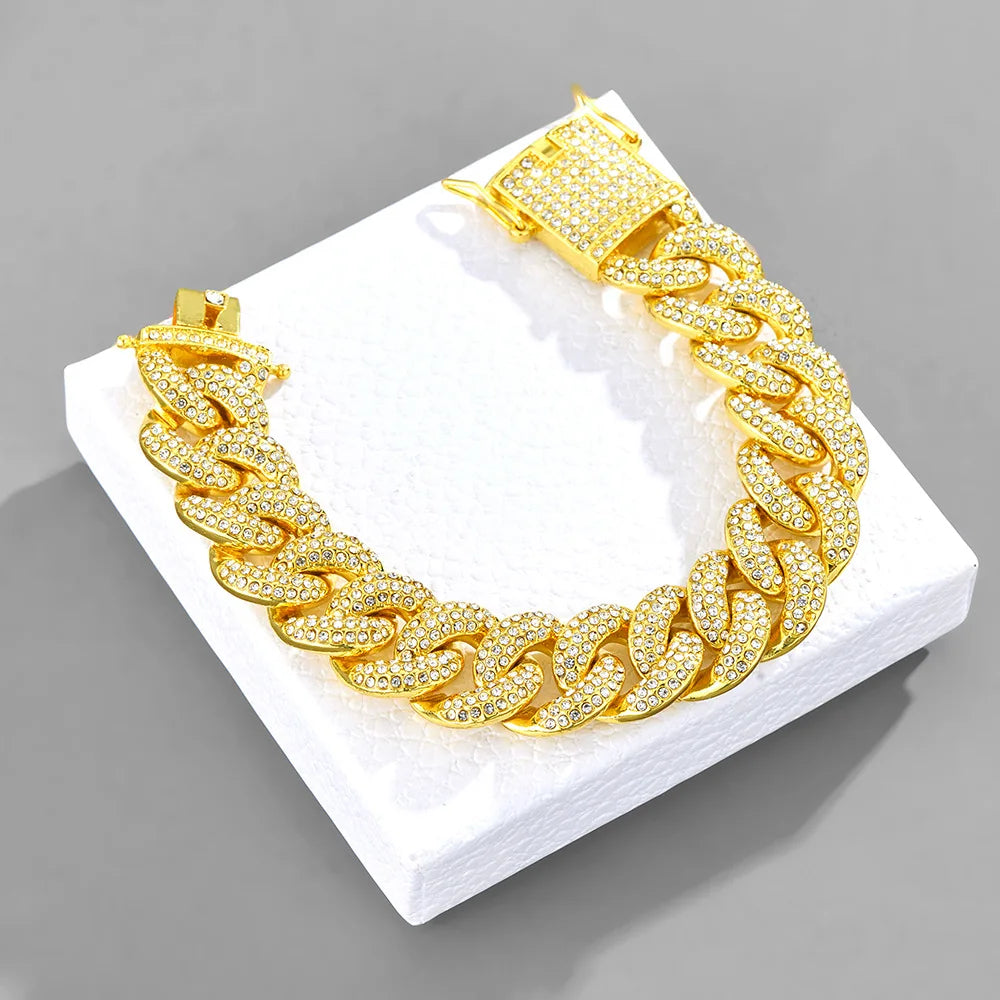 19MM Cuban Link Chain 3Row Heavy Iced Out Bling Necklaces Bracelet For Men Women Hip Hop Rapper Jewelry - Uknowucme