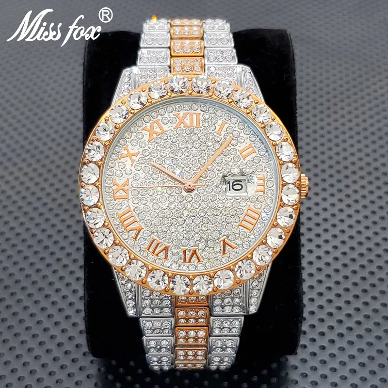 Stylish Black Crytal Watch For Men Unique Full Paved Diamond Quartz Timepiece Top Brand Fashion Bling Ice Out Male Hip Hop Clock - Uknowucme