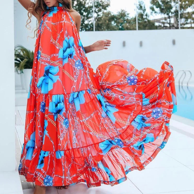 Sexy Summer Party Dress Women Fashion Bow Straps High Waist Pleated Beach Dress Chiffon Casual Floral Print Bohemian Long Dress - Uknowucme