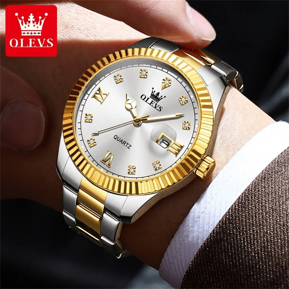 OLEVS 3623 Men's Watches Business Luxury Diamond Roman Scale Waterproof Luminous Stainless steel Gold Wristwatches Man - Uknowucme