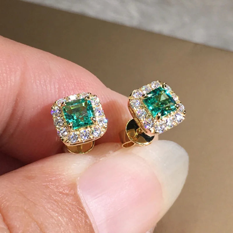 Huitan Eternity Green CZ Stud Earrings for Women Gold Color Luxury Bride Wedding Earrings Elegant Ear Accessories Party Jewelry - Uknowucme