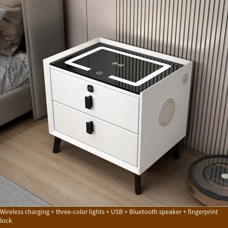 Luxurious Solid Wood Nightstand Three-Drawer Smart Bedside Table Compact Bedroom Leather Accents Integrated Wireless Charging