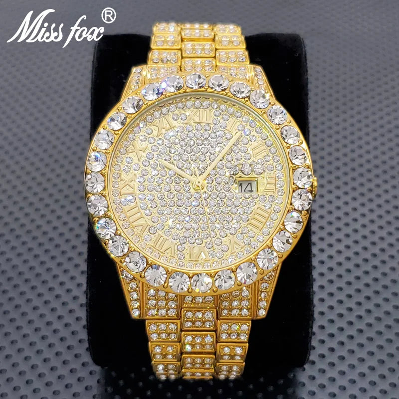 Stylish Black Crytal Watch For Men Unique Full Paved Diamond Quartz Timepiece Top Brand Fashion Bling Ice Out Male Hip Hop Clock - Uknowucme