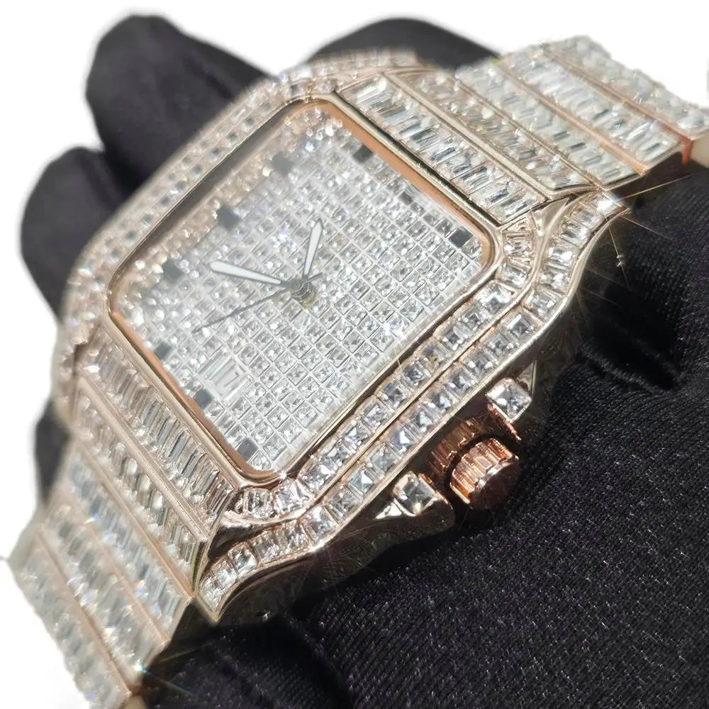 Hot Luxury Square Diamond Watch for Men Hip Hop Style Bling Bling Iced Out Wristwatch Fashion Stainless Steel Waterproof Clock - Uknowucme