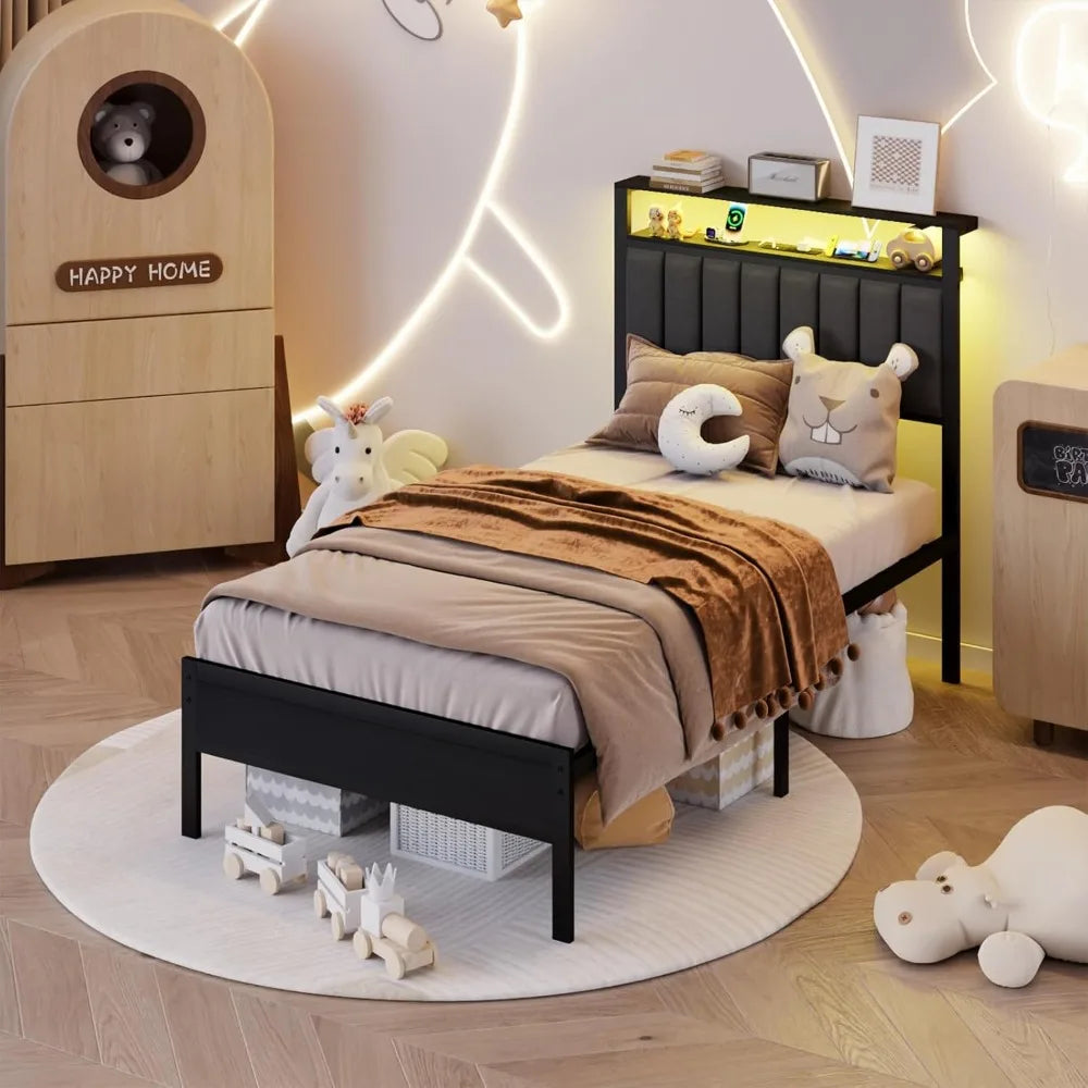 LED Queen Size Bed Frame with Charging Station&2-Tier Storage Shelves, Metal Slat&Upholstered Headboard, No Box Spring Needed - Uknowucme