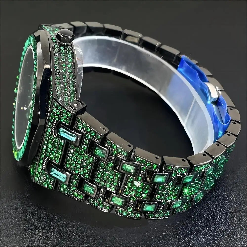 Luxury Men Watches Personalized Green Blingbling Full Diamond Quartz Watch Fashion Ice Out Male Wristwatch Best Sale For Gift - Uknowucme