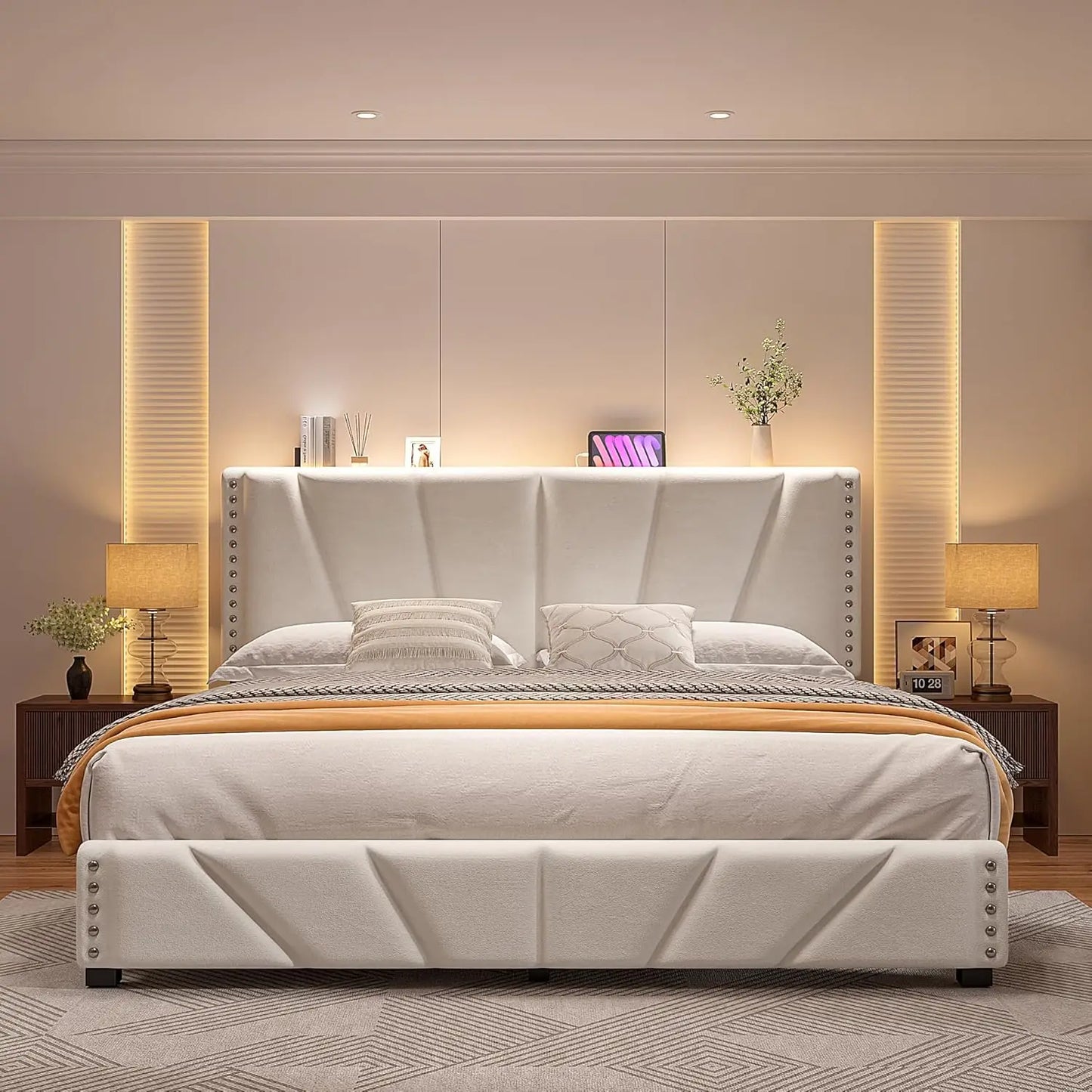 King Size Bed Frame with Velvet Headboard and LED Lights, Storage Headboard Platform Bed with Charging Station - Uknowucme