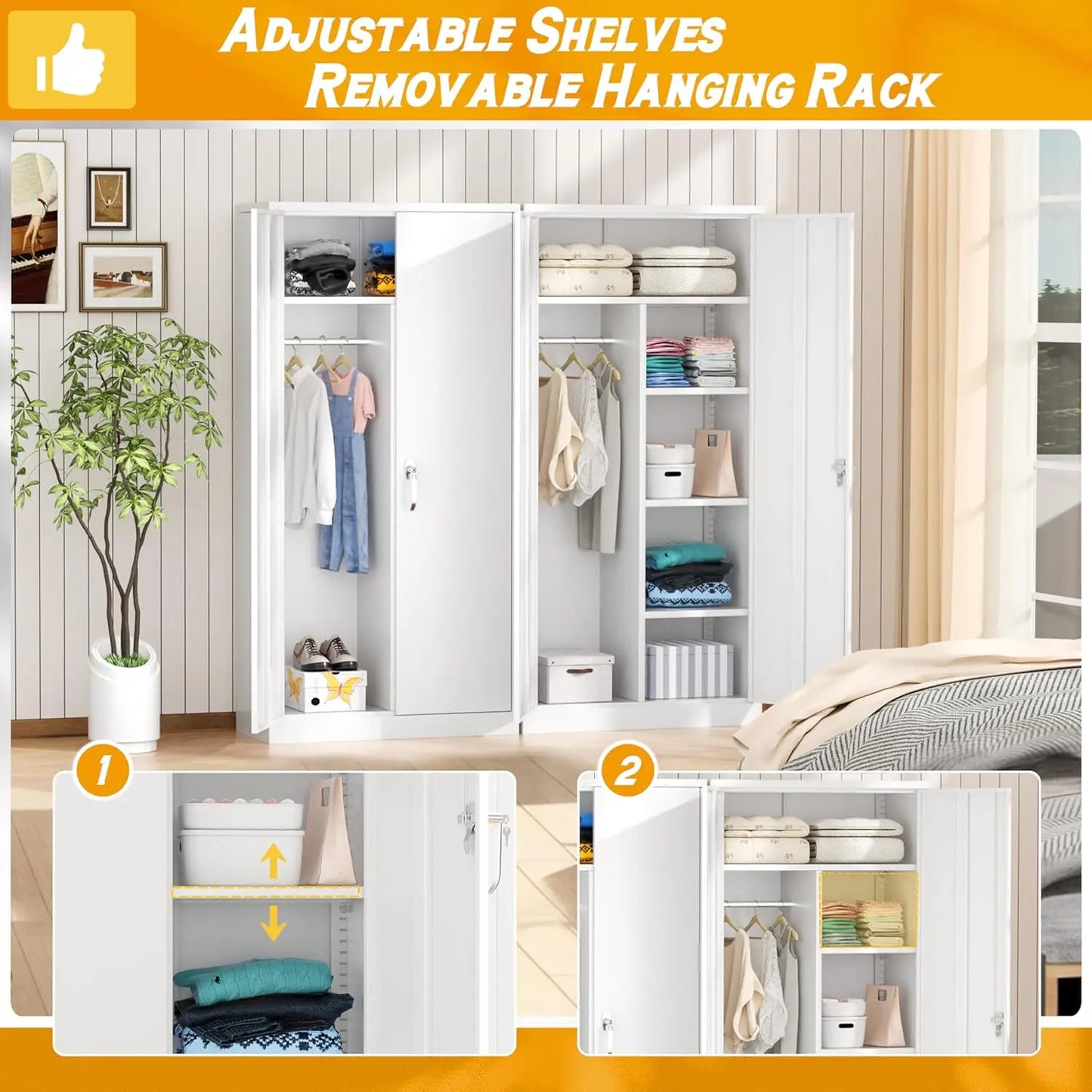 72” Tall Wardrobe Closet with Lock,Clothing Storage Cabinets with Hanging Rod and 4 Adjustable Shelves, Armoire Wardrobe