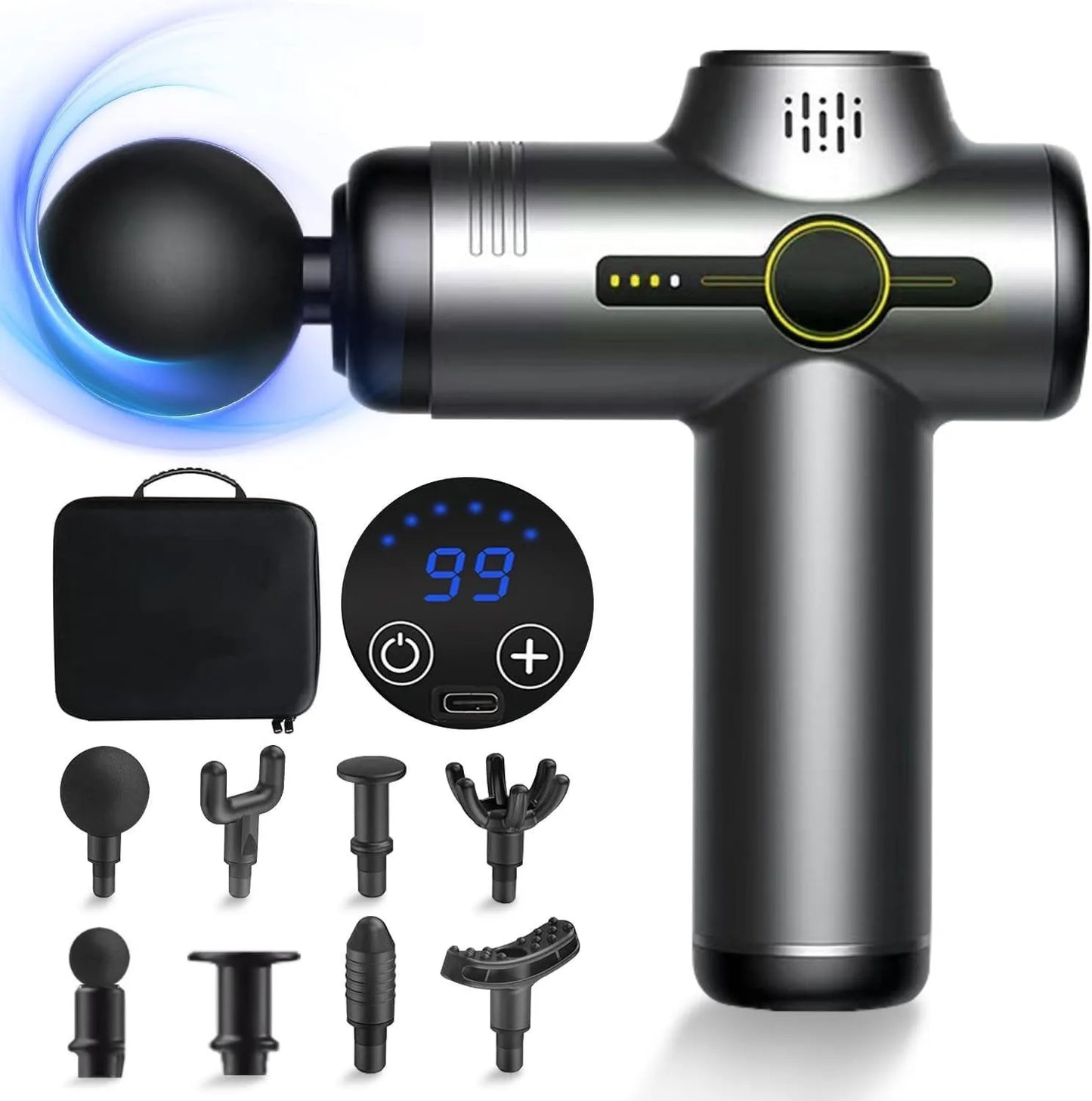 Rechargeable Massage Gun with 99 Adjustable Speeds, 8 Interchangeable Massage Heads, Handheld Massager for Muscle Pain Relief - Uknowucme