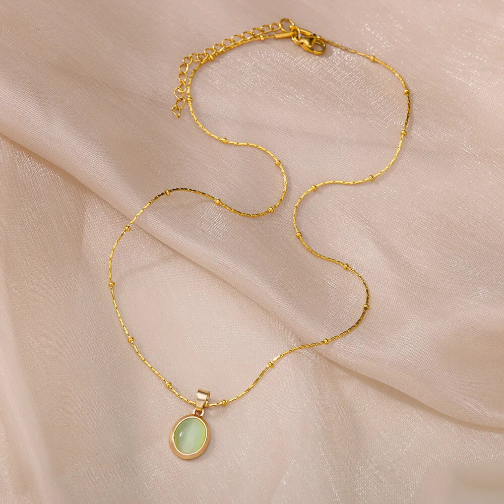 Kpop Stainless Steel Necklace for Women Transparent Moonlight Stone Ellipse Pendant Thin Chain Vintage Jewelry Gift New In - Uknowucme