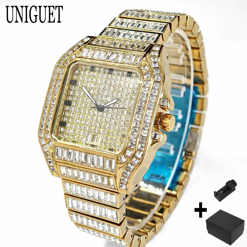 Hot Luxury Square Diamond Watch for Men Hip Hop Style Bling Bling Iced Out Wristwatch Fashion Stainless Steel Waterproof Clock - Uknowucme