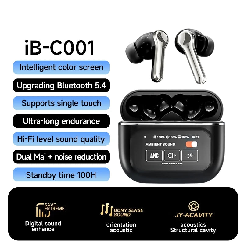IB-C001 wireless Bluetooth headphone ANC TWS earphones LED touchscreen visible active noise cancellation earphone sportearbuds - Uknowucme