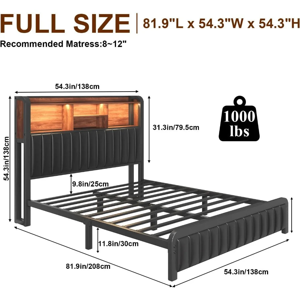 Full Bed Frame 54.3" Tall with 3-Tier Storage Headboard and PU Leather, Metal Platform Bed Frame with LED Lights and Charging - Uknowucme