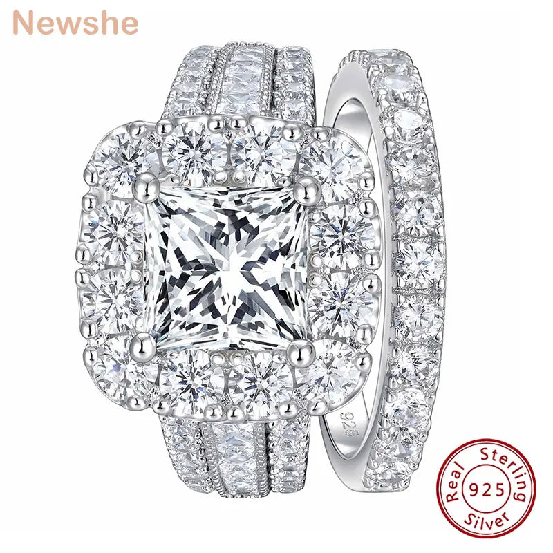 Newshe 2Pcs 925 Silver Wedding Rings Set for Women Halo Princess Cut Black White Cubic Zircon Vintage Luxury Engagement Ring - Uknowucme