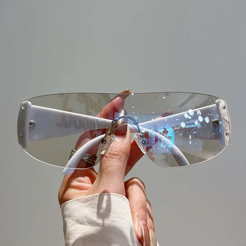 Y2K Rimless Brand Designer Sunglasses Women For Men 2023 One Piece Trending Luxury Sun Glasses Rivet Steampunk Pink Shades UV400 - Uknowucme