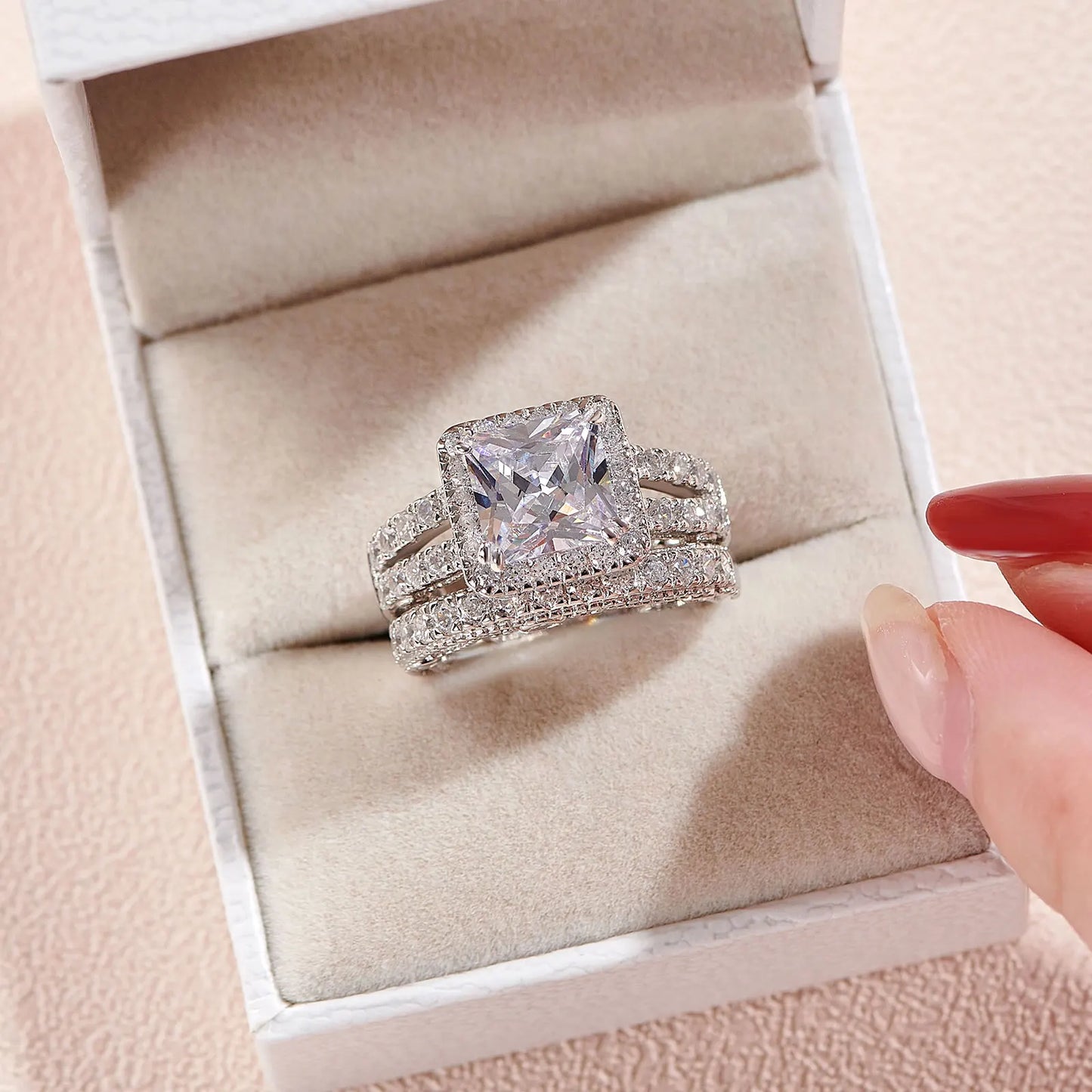 Newshe Vintage Wedding Rings for Women Solid 925 Sterling Silver 4Ct Princess Cut 5A Cubic Zircon 2Pcs Bridal Set Fine Jewelry - Uknowucme