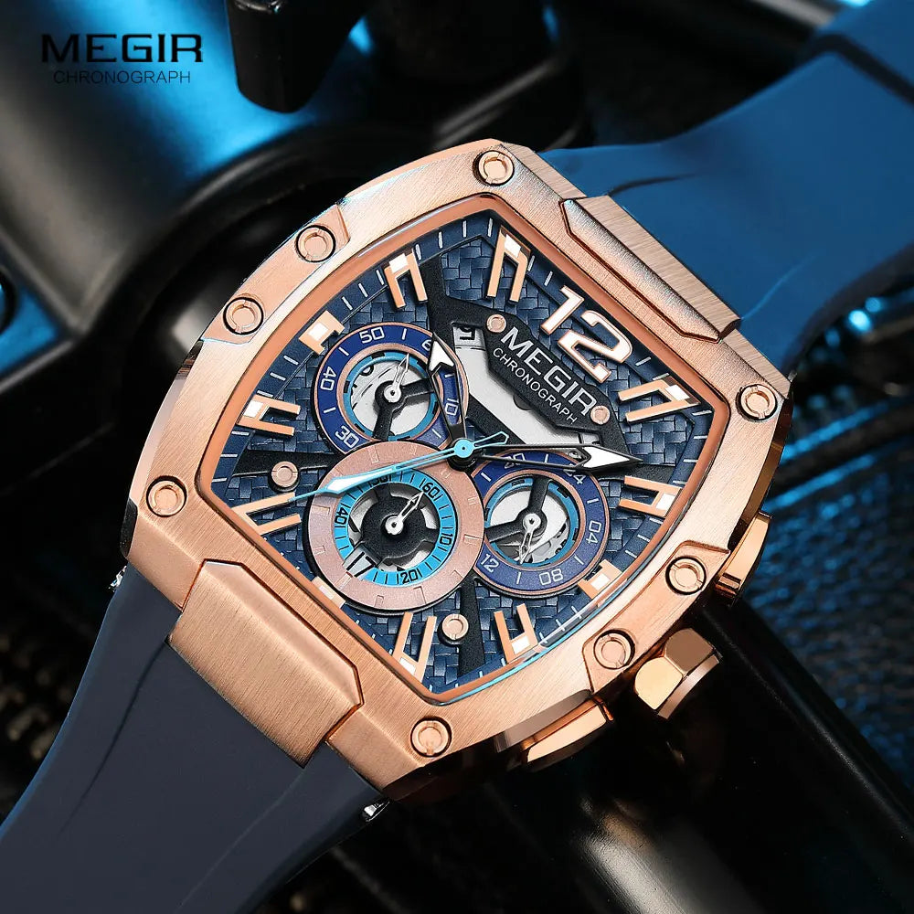 MEGIR Navy Blue Silicone Strap Sport Watch for Men Fashion Waterproof Chronograph Quartz Wristwatch with Luminous Hands Calendar - Uknowucme
