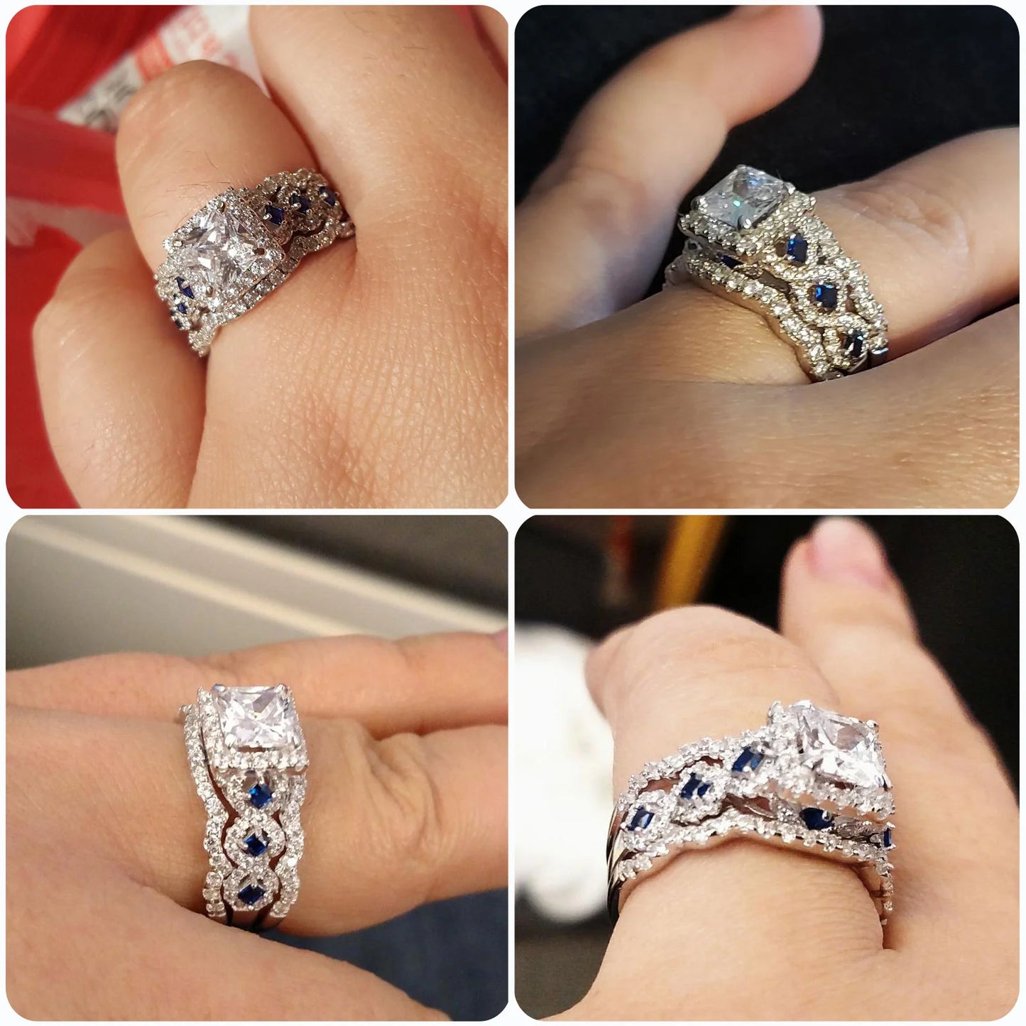 Newshe 3 Pcs Wedding Rings Set for Women 925 Silver 2.6Ct Princess Cut White Blue AAAAA CZ Luxury Bridal Engagement Jewelry - Uknowucme
