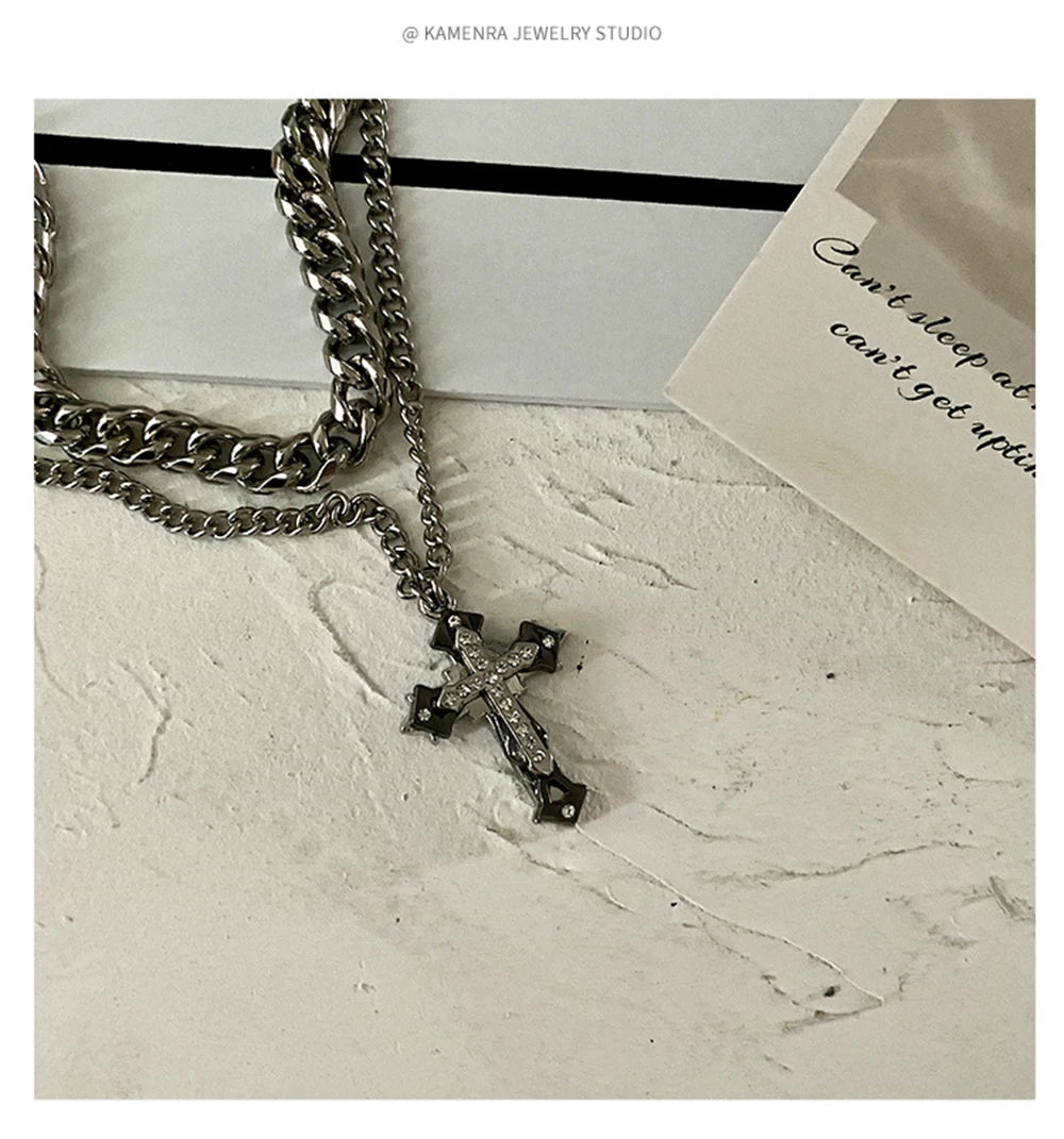 Stainless Steel Double Layer Cuban Chain Cross Pendant Necklace Men Silver Color Punk Hip hop Male Necklace Jewelry 2022 Trend - Uknowucme