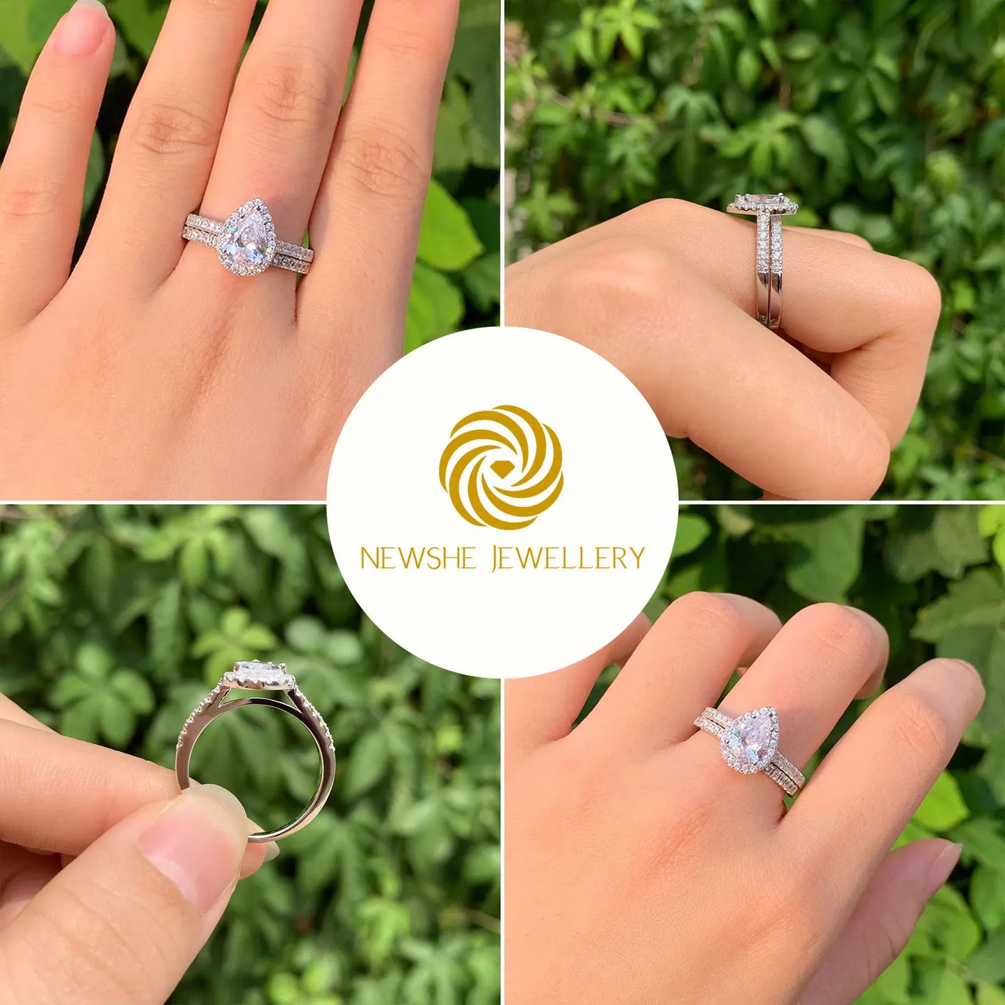 Newshe 2 Pieces Tear Drop Shape Engagement Ring Wedding Band for Women 925 Silver Bridal Jewelry High Grade Cubic Zircons - Uknowucme