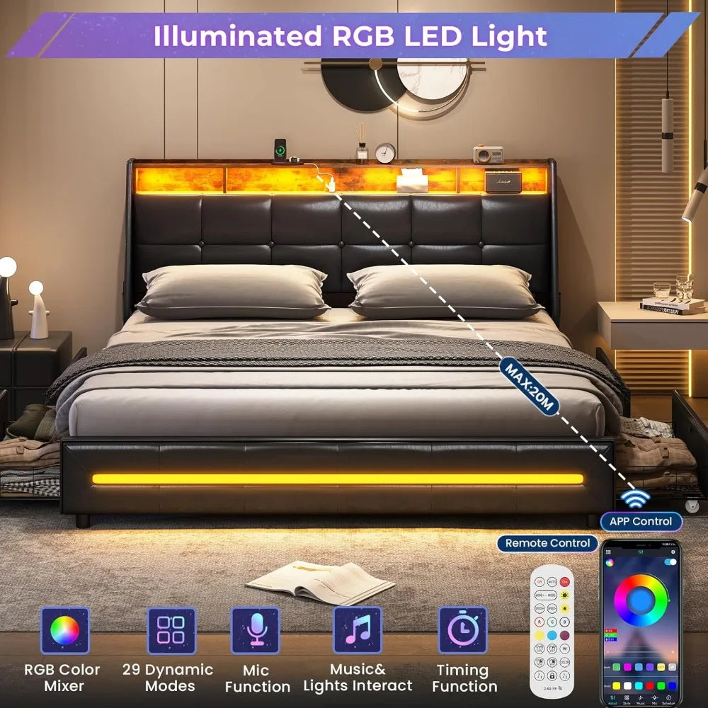 King Size Bed Frame w 4 Storage Drawers,Charging Station and LED Lights,Upholstered Bed Frame w Button Tufted Wingback Headboard - Uknowucme