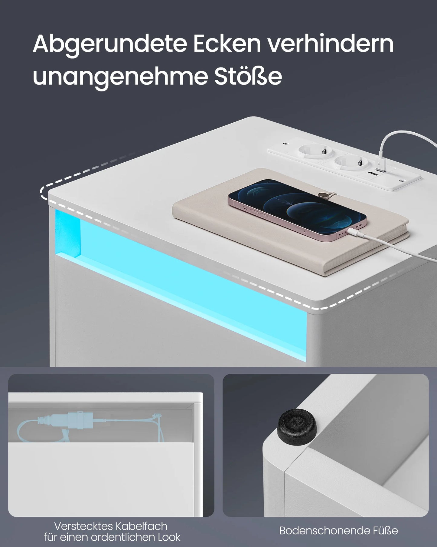 VASAGLE bedside table with adjustable LED lighting, side table table with sockets, drawer, 2 AC sockets, 2 USB ports - Uknowucme
