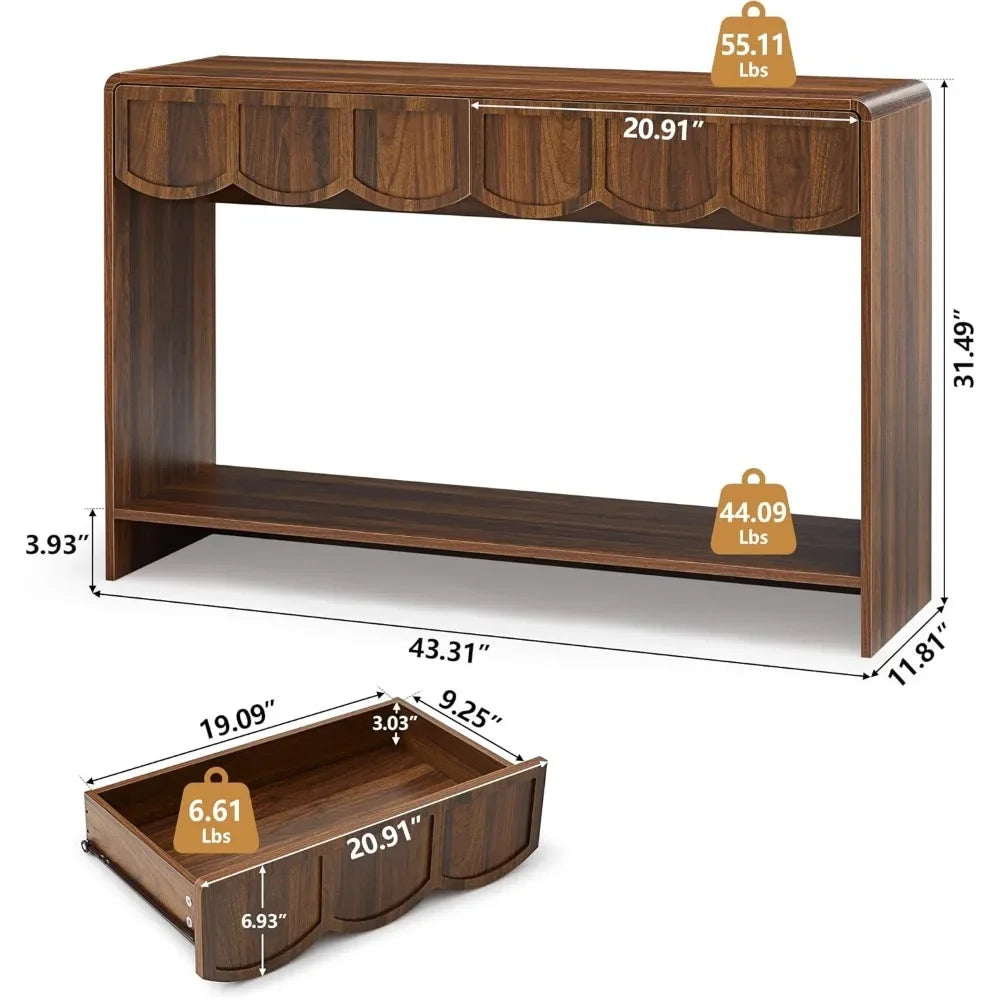 Console Table with Drawers, Mid-Century 43 Inches Narrow Entryway Tables with Open Storage Shelves, Hallway Accent Tables