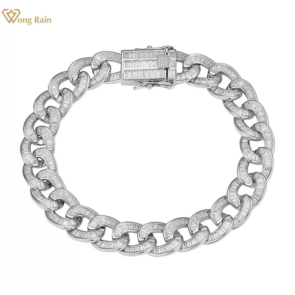 Wong Rain Hip Hop Rock 925 Sterling Silver 10MM Simulated Moissanite Gemstone Luxury Cuban Chain Bracelet Fine Jewelry Wholesale - Uknowucme