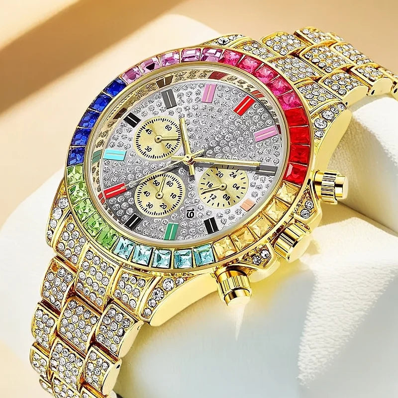 PINTIME Watches for Men Colour Diamond Ice Out Chronograph Bling Hip Hop Quartz Wristwatch Stainless Steel Buckle Waterproof 30M - Uknowucme